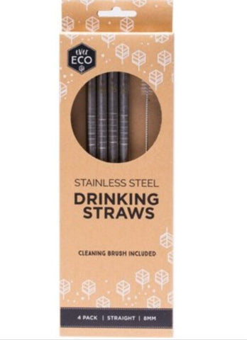 Ever Eco Stainless Steel Straw - Straight 4 Pack + Cleaning Brush
