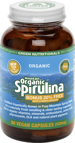 GREEN NUTRITIONALS Mountain Organic Spirulina - 72 Vegan Capsules (520mg)