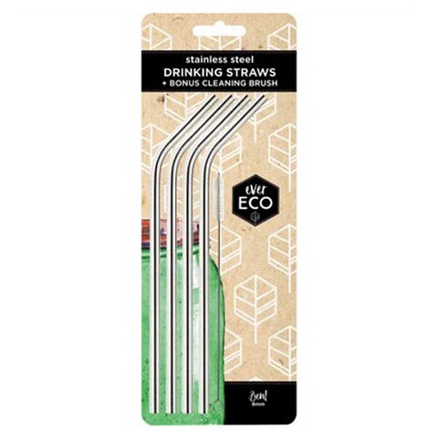 Ever Eco Stainless Steel Straw - Bent 4 Pack + Cleaning Brush